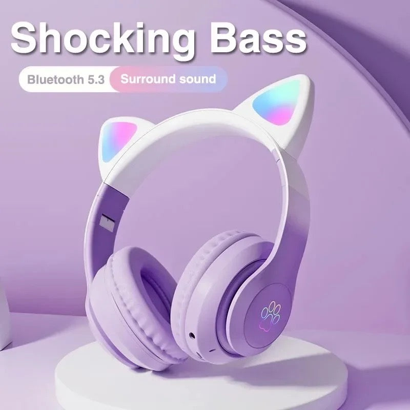 Cute Cat Wireless Headsets LED Light Bluetooth Headphones with Mic for Kids Girls