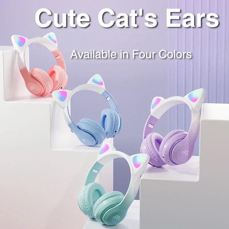 Cute Cat Wireless Headsets LED Light Bluetooth Headphones with Mic for Kids Girls