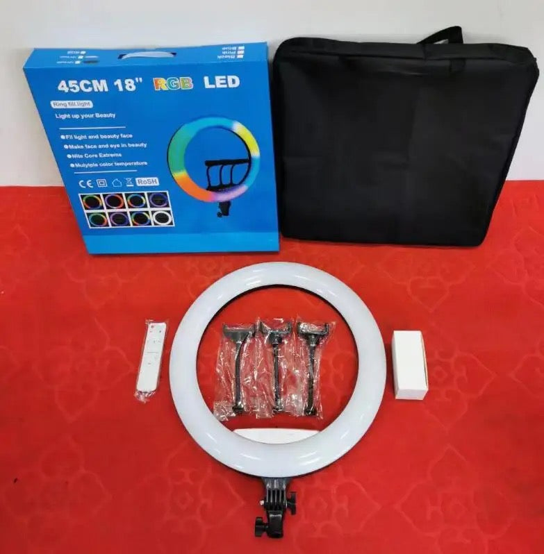 LJ45-PF-33 Dimmable RGB 18inch Ring Lighting 3200-6500K
Makeup 45cm Ring Light with Remote and bag