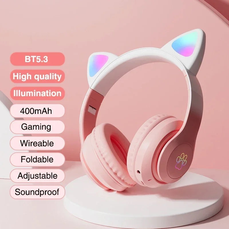 Cute Cat Wireless Headsets LED Light Bluetooth Headphones with Mic for Kids Girls