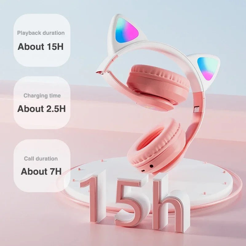 Cute Cat Wireless Headsets LED Light Bluetooth Headphones with Mic for Kids Girls