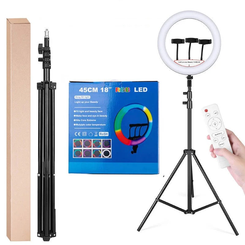 LJ45-PF-33 Dimmable RGB 18inch Ring Lighting 3200-6500K
Makeup 45cm Ring Light with Remote and bag